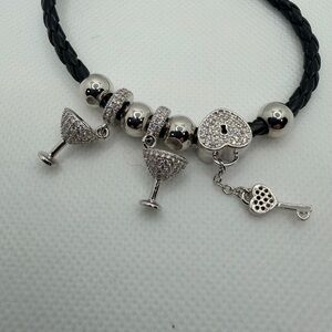 Black Braided Leather Charm Bracelet w/ Crystal Heart & Martini Charms